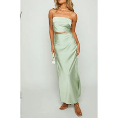 Satin Crop Tube Top And Long Skirt Set