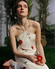 Satin Halter Lace Trim Maxi Dress