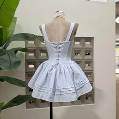 Embroidery Lace-up Crossover Strap Mini Dress
