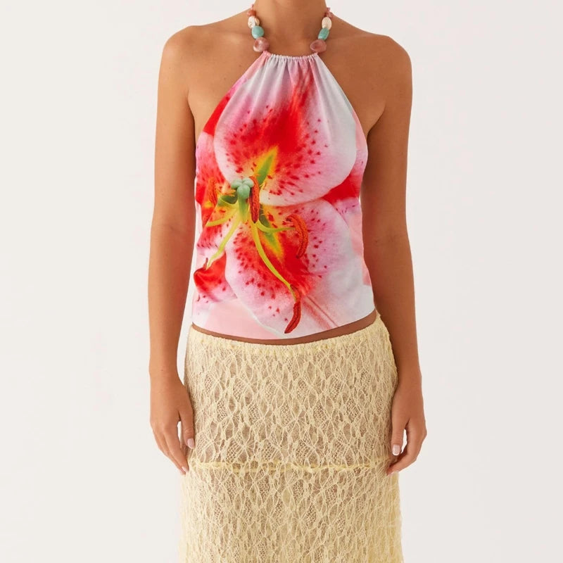 Women's floral printed halter backless tie up crop top.
