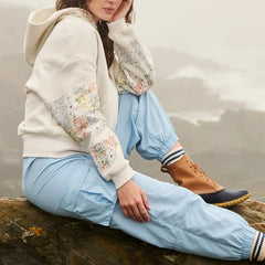 Floral Embroidered Patchwork Sleeve Hoodie Sweatshirt