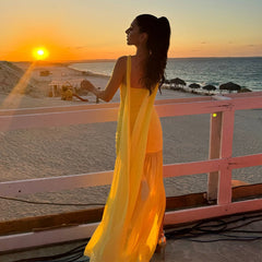 Yellow Halter Tie Up Ruched Mesh Maxi Dress