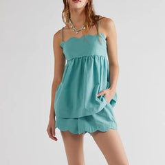 Scalloped Hem Babydoll Cami Tops And Wide Leg Shorts Set