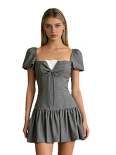 Grey Lace Patchwork Puff Sleeve Mini Dress
