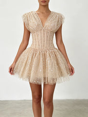 Sequin Tulle V-neck Mini Dress