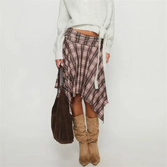 Plaid Irregular Hem Midi Skirt