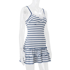Blue and White Striped Spaghetti Strap Ruffled Mini Dress