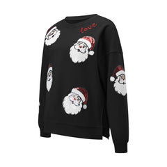 Sequin Santa Claus Face Crew Neck Pullover