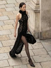 Lace Halter Neck Fur Trim Patchwork Side Split Midi Dress