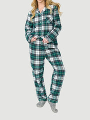 Plaid Print Long Sleeve Button Down Tops And Elastic Waist Pants Christmas Pajama Set