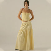 Yellow Ruched Strapless Crop Top And Maxi Skirt Set