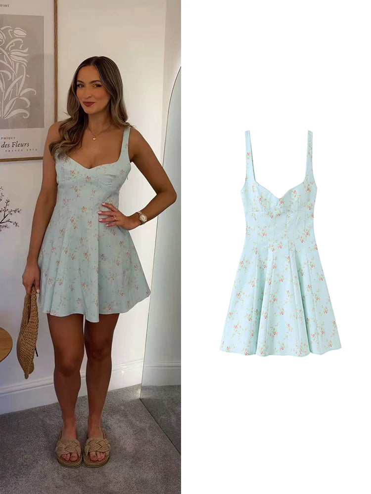 Blue Floral Print A-line Mini Dress 1 / S Blue Floral Print A-line Mini Dress 1 / S