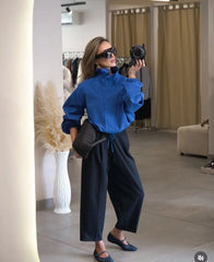 Blue High Neck Ruched Sleeve Adjustable Hem Jacket