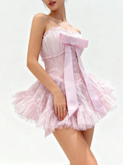 Bowknot Strapless Lace Tulle Mini Dress