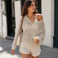 Hollow Crochet Cover Up Long Sleeve Pullover Top