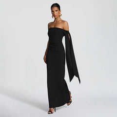 Slash Neck Off-Shoulder Ribbon Split Maxi Dress