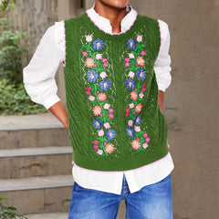 Green Floral Embroidered Sweater Vest