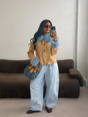 Deer Print Blue Faux Fur Cropped Jacket