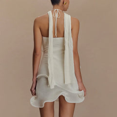Knitted Halter Ruffle Trim Mini Dress