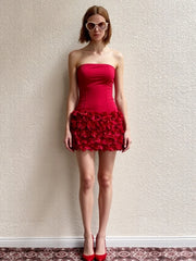 Red Satin Corset Top And 3d Flower Mini Skirt Set