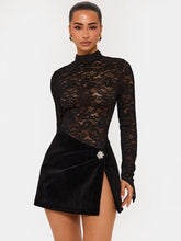 Black Lace See Through Bodysuit And Mini Skirt Slit Matching Set
