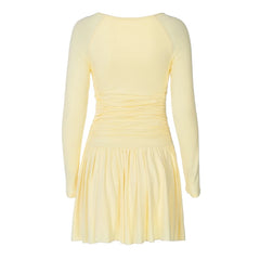 Yellow Deep V Neck Ruched Long Sleeve Mini Dress