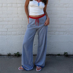 Blue Striped Wide Leg Red Drawstring Waist Lounge Pants