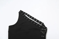 Asymmetrical Halter Slant Neck Studded Top And Low Waist Shorts with Rivets Belt Set