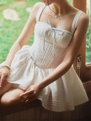 White Square Collar Sleeveless Bow Corset Puffy Short Dress
