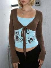 Floral Print Front Tie Long Sleeve T-shirt