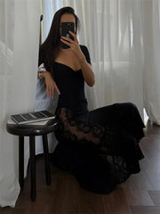 Side Lace Patchwork Black Short Sleeve Maxi Dress