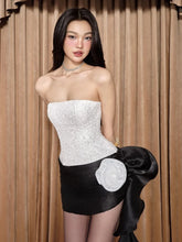 White And Black Sequin Patchwork Flower Draped Mini Dress