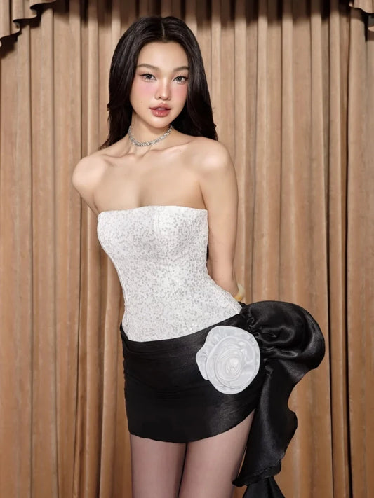 White And Black Sequin Patchwork Flower Draped Mini Dress