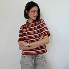 Retro Striped Short Sleeve Polo Neck T-shirt
