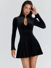 Black Velvet High Neck Cut Out Long Sleeve Mini Dress