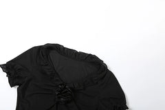Black Mesh Frill 3d Flower Crop Top And Mini Skirt Set