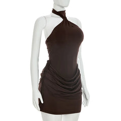 Twisted High Neck Drawstring Side Ruched Mini Dress