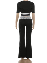 Black Lace Patchwork Short Sleeve Shawl And Stripe Print Tank Tops And Flared Pants Set