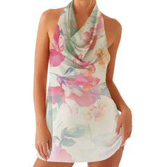 Printed Mesh Halter Low Neck Mini Dress