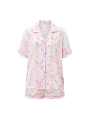 Bunny Bow/Clover Short Sleeve Button-up Top And Shorts Pajama Set