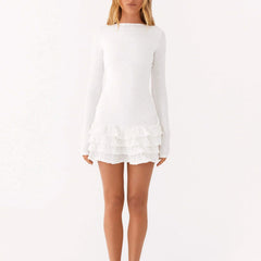 White Tierred Long Sleeve Tie Up Lace Back Mini Dress