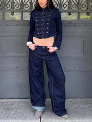 Stand Collar Denim Button Jacket