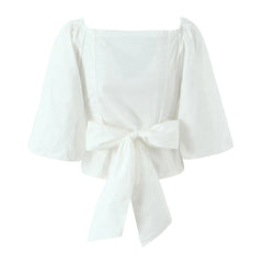 White Quarter Puff Sleeve Back Bow Top