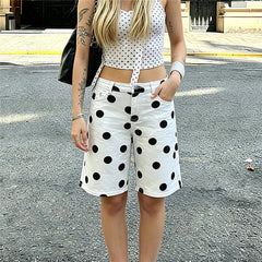 White Polka Dot Denim Bermuda Shorts