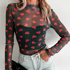 Black Sheer Heart Print Bodysuit