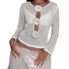 White Long Sleeve Knitted 3D Flower Crochet Cover Up Crop Top