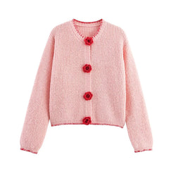 Knit Flower Buttoned Fuzzy Cardigan