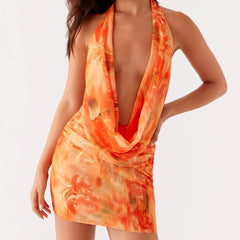 Halter Deep Neck Backless Mesh Mini Dress