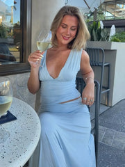Deep V-Neck Sleeveless Ruched Top And Long Skirt Set