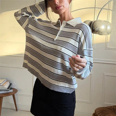Grey Stripe Lapel Collar Long Sleeve Knit Top